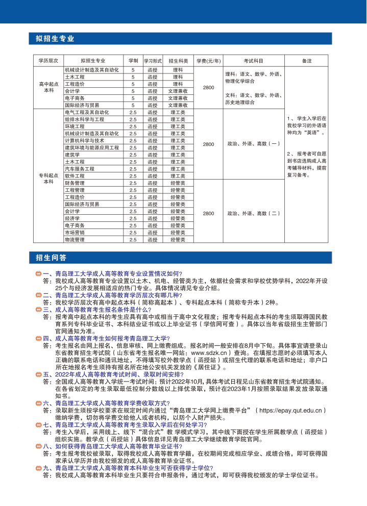 2022年青岛理工大学成考招生简章