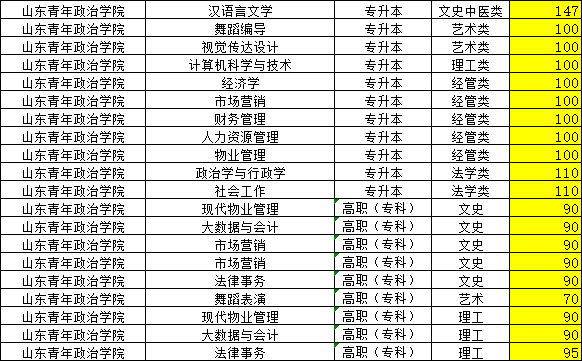 2023年山东青年政治学院成人高考录取分数线