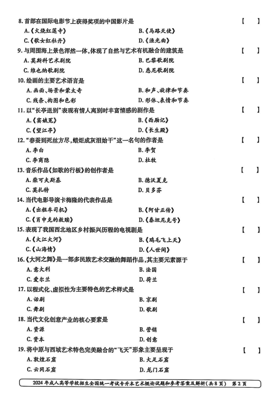 2024年成人高等学校招生全国统一考试专升本艺术概论(图2)