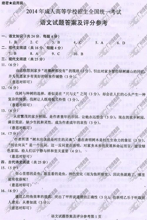 山东省成人高考2014年统一考试语文真题A卷参考答案