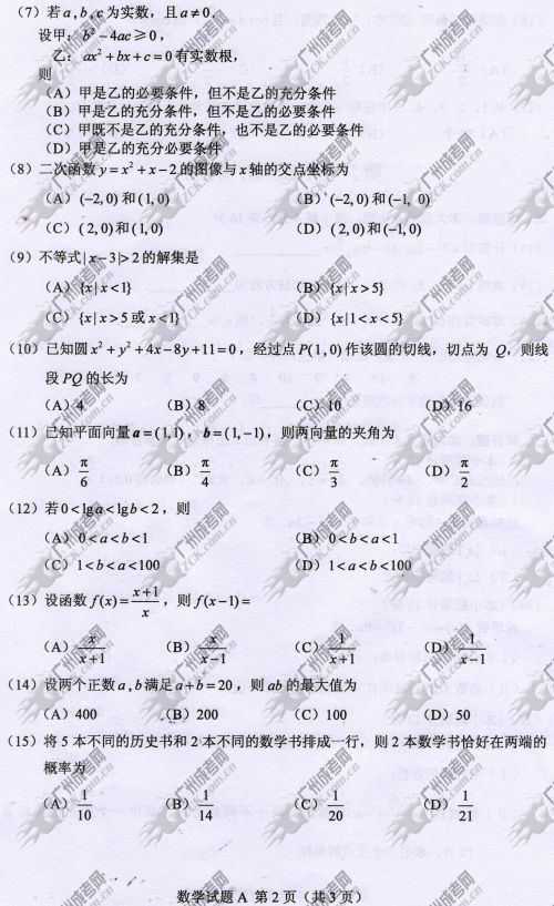 山东省成人高考2014年统一考试数学真题A卷