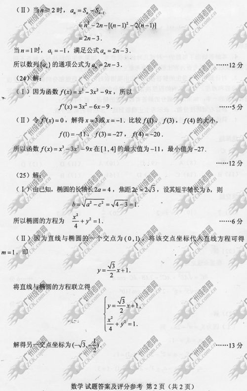 山东省成人高考2014年统一考试数学真题B卷参考答案