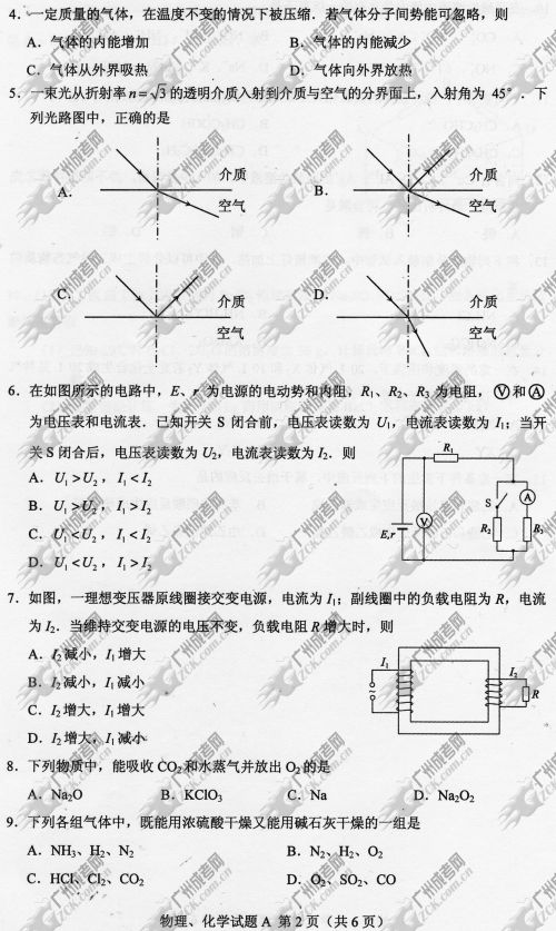 山东省成人高考2014年统一考试理科综合真题A卷