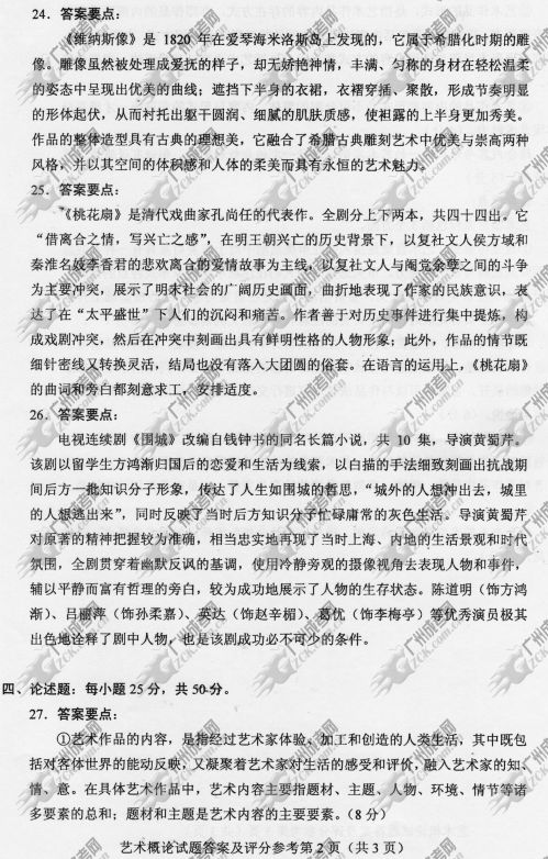 山东省成人高考2014年统一考试专升本艺术概论真题B卷参考答案