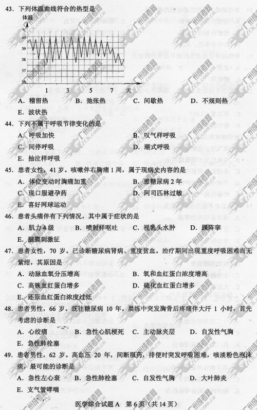 山东省成人高考2014年统一考试专升本医学综合真题A卷