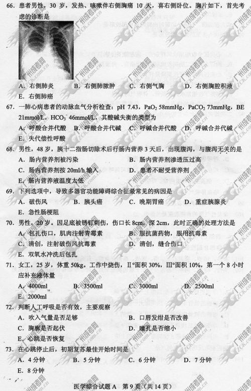 山东省成人高考2014年统一考试专升本医学综合真题A卷